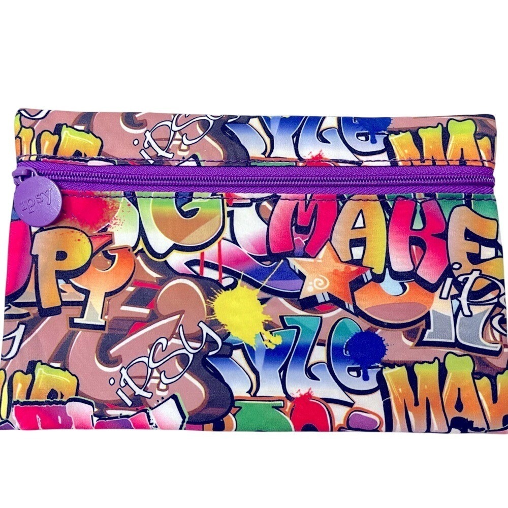 Ipsy Graffiti Print Makeup Bag Zippered Cosmetic Pouch Purple Multi Color New
